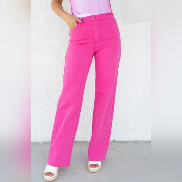 Judy Blue High Rise Garment Dyed 90's Straight Leg Jeans Barbie Pink 11/30 NWT - Picture 3 of 11